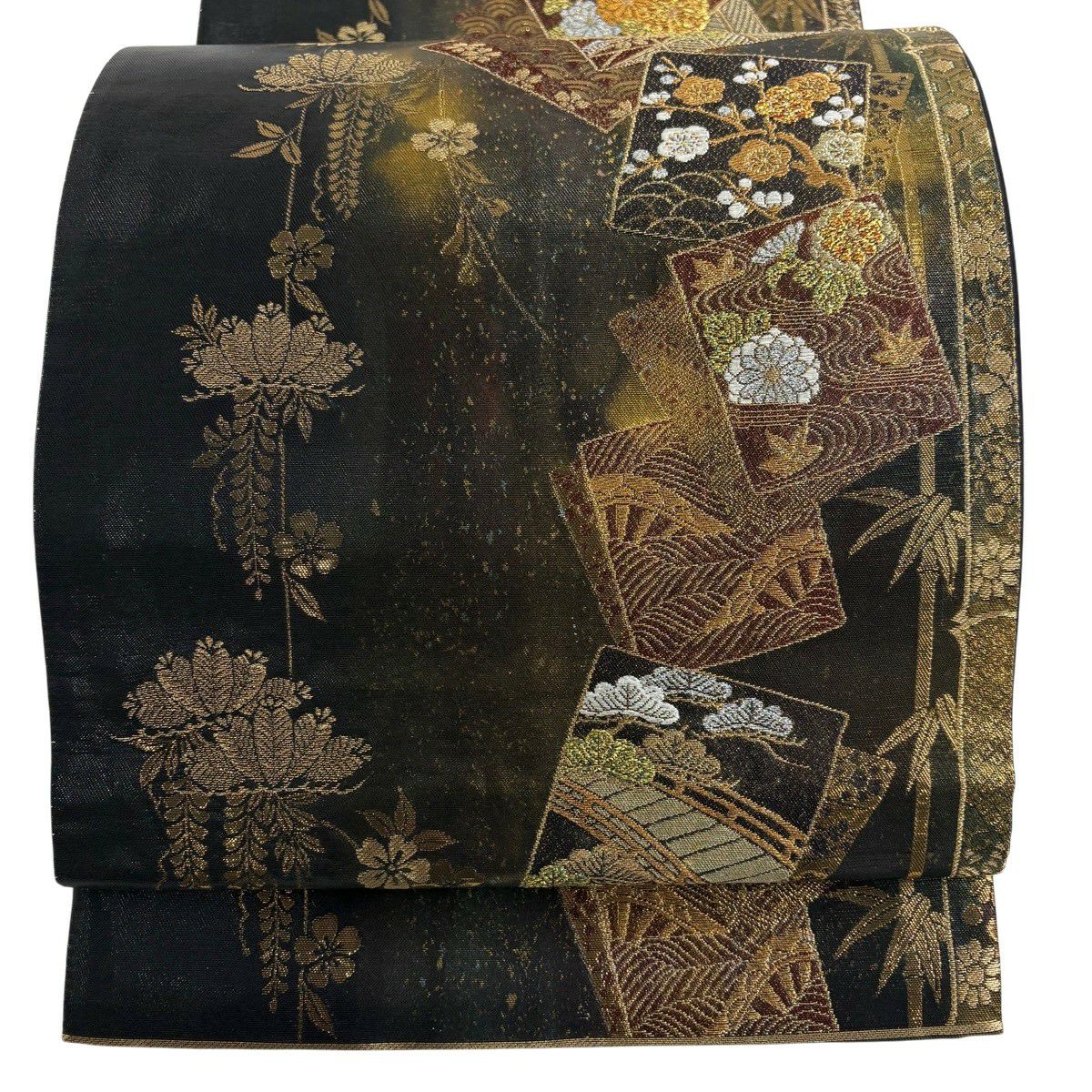 袋帶 秀品級 松樹竹子梅花 色紙 金絲 金金箔 黑 六通 純蠶絲