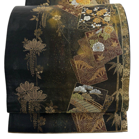 袋帶 秀品級 松樹竹子梅花 色紙 金絲 金金箔 黑 六通 純蠶絲