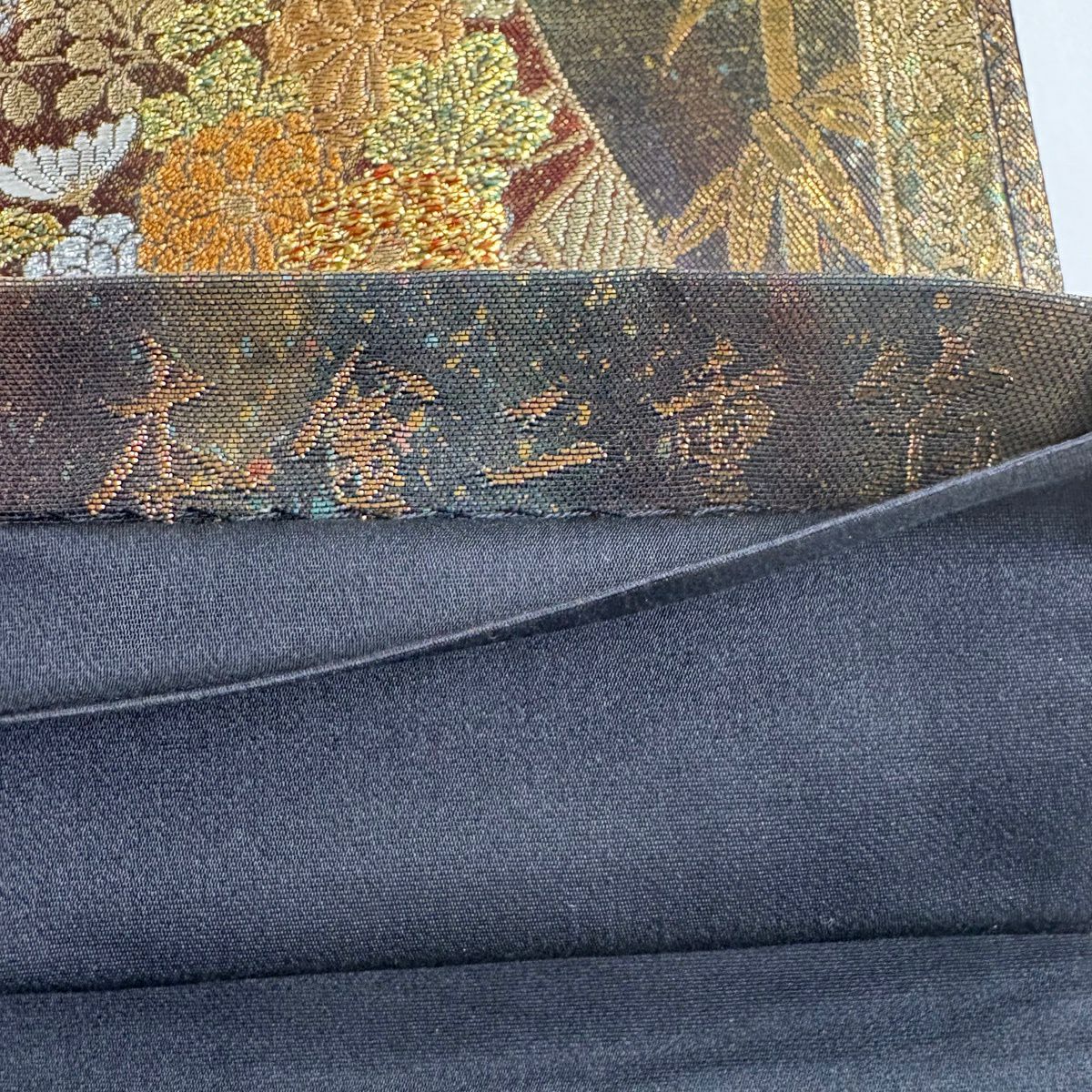 袋帶 秀品級 松樹竹子梅花 色紙 金絲 金金箔 黑 六通 純蠶絲
