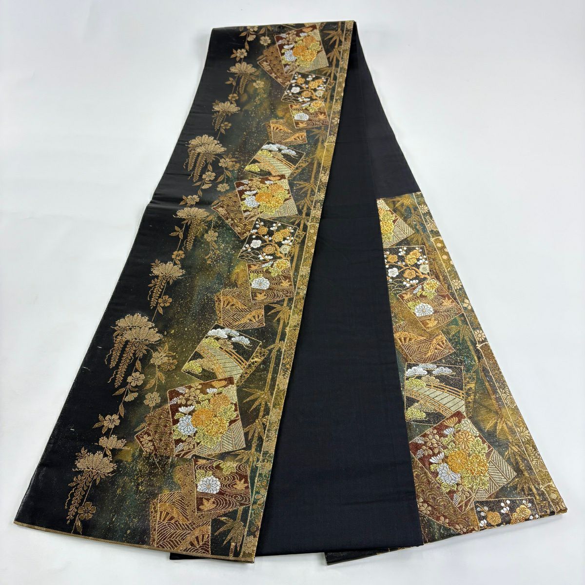 袋帶 秀品級 松樹竹子梅花 色紙 金絲 金金箔 黑 六通 純蠶絲