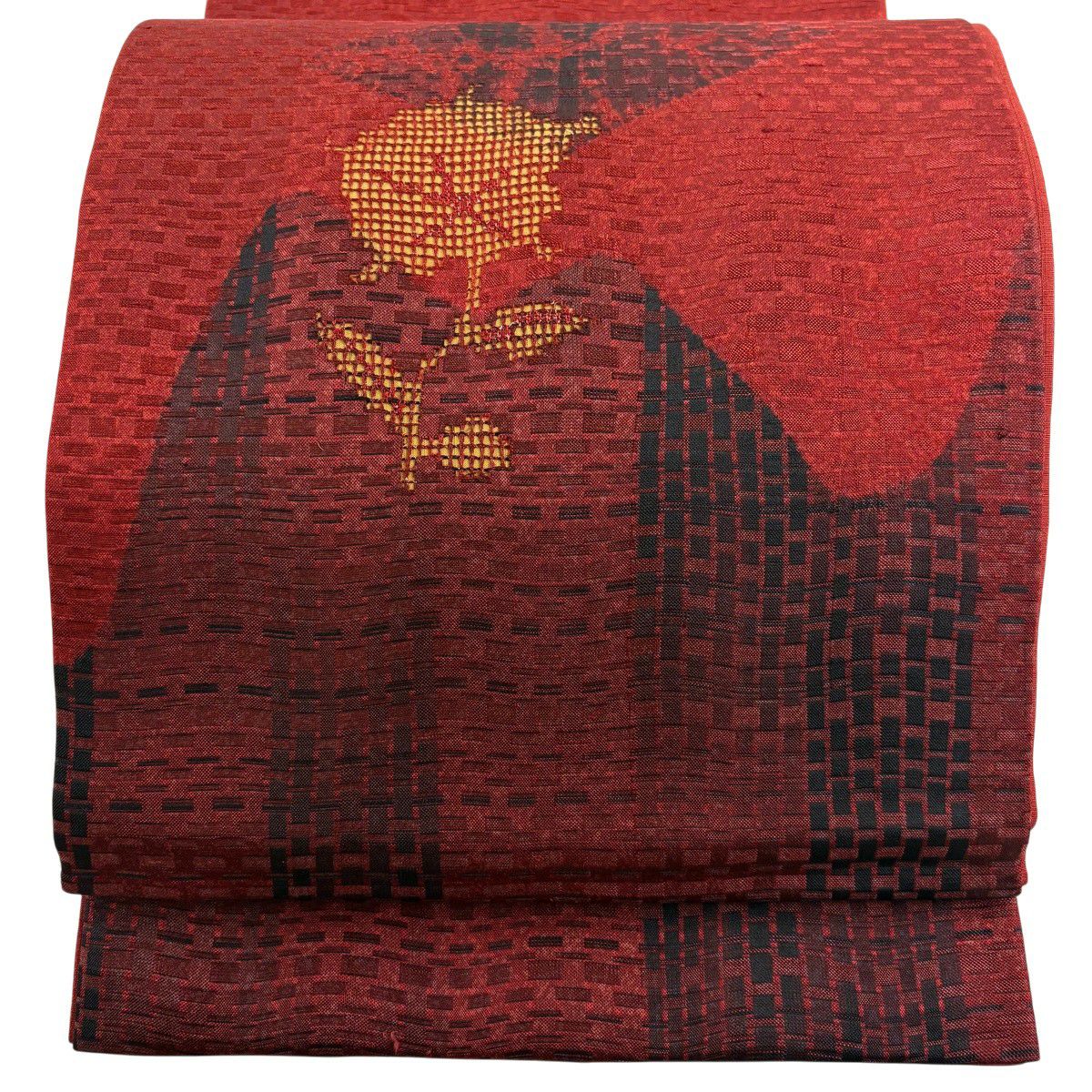 【美品】 袋帶 秀品級 紬織織 草花紋 幾何圖案 深紅色 大鼓圖案 純蠶絲