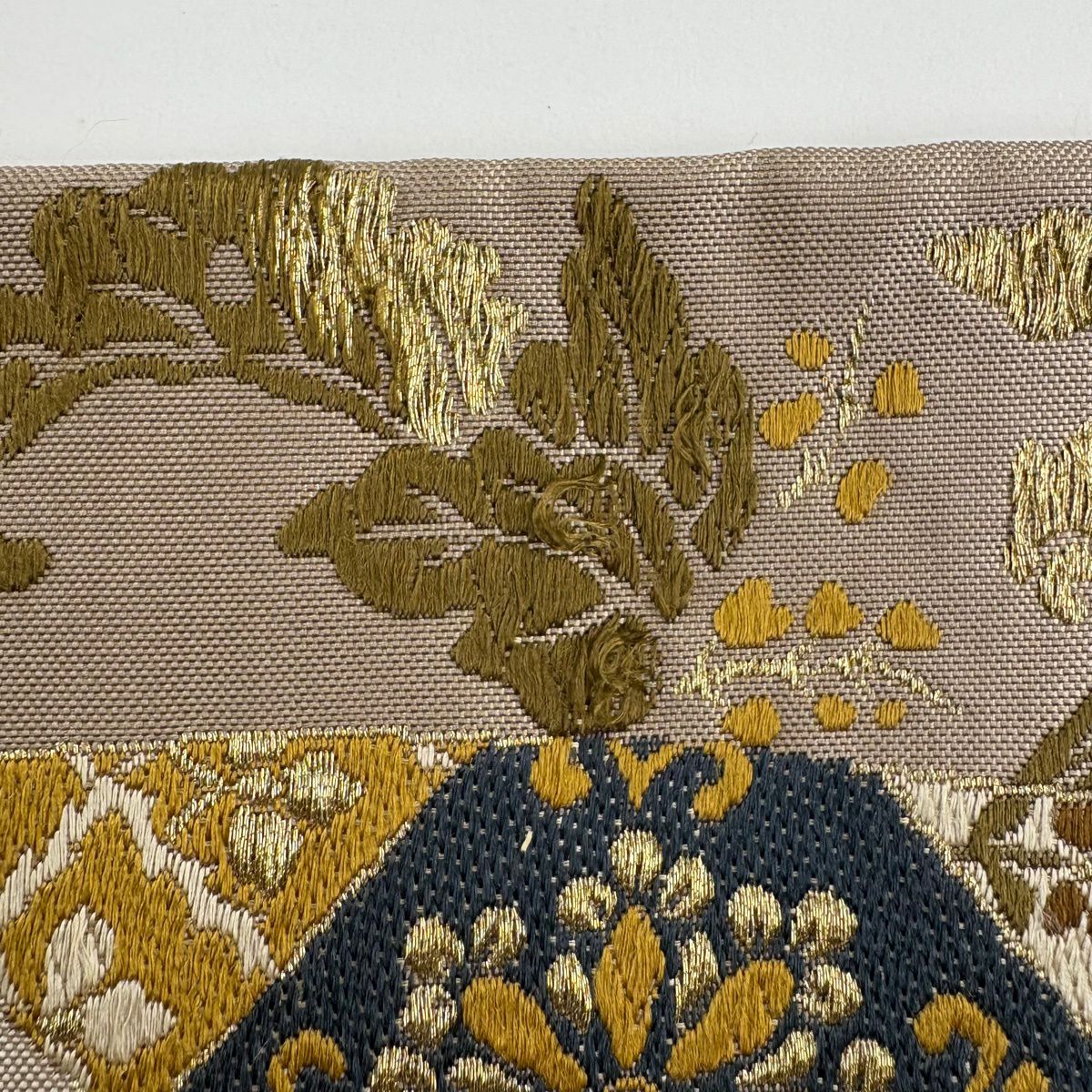 袋帶 秀品級 菱紋 花鳥 金絲 灰茶 六通 純蠶絲