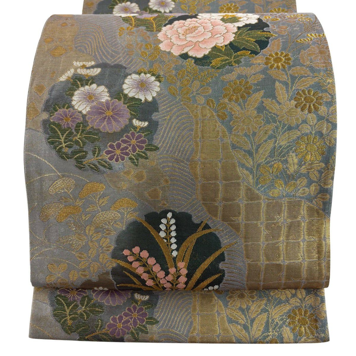 【美品】 袋帶 秀品級 草花紋 雪輪 金糸 金金箔 青灰 深藍色 六通 純蠶絲
