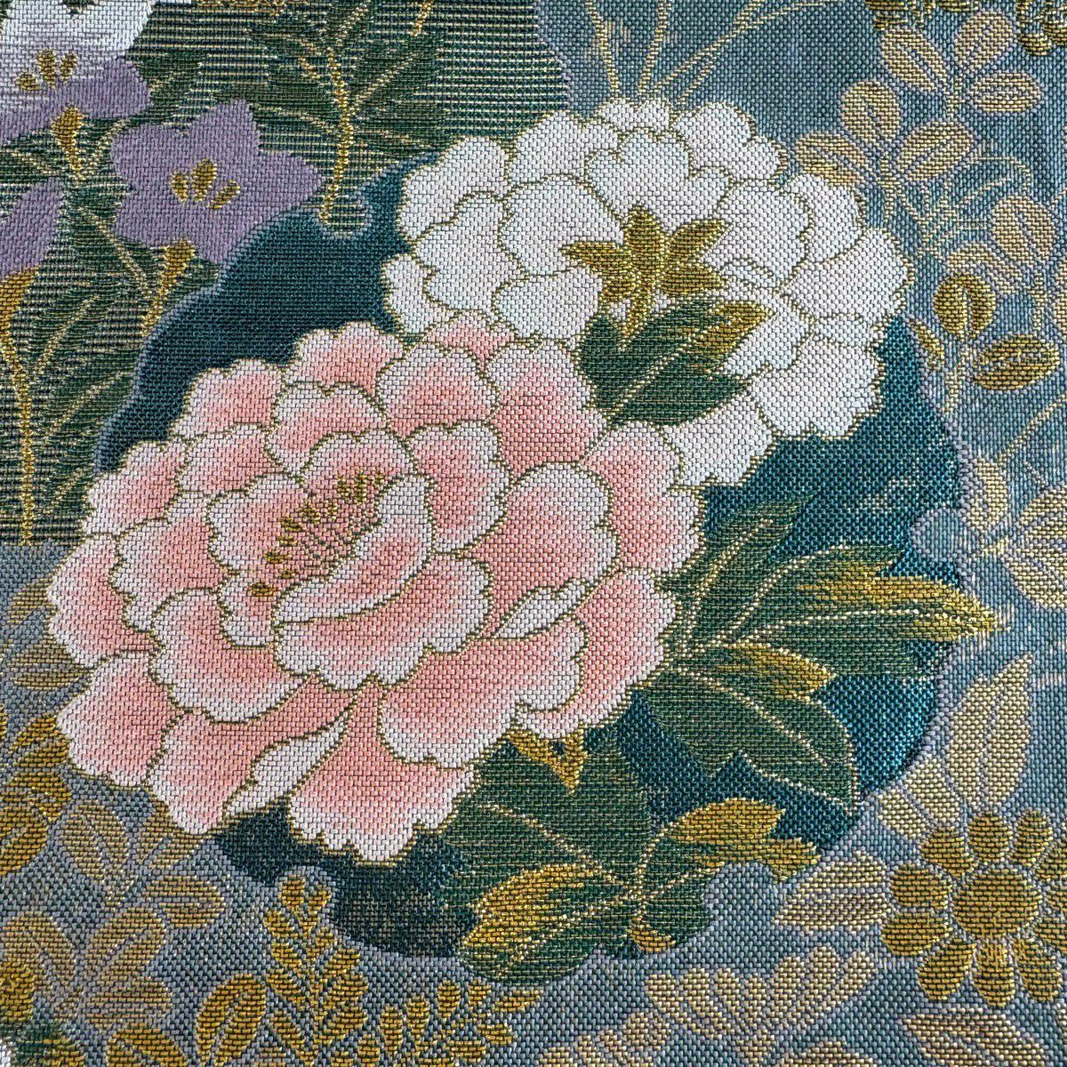 【美品】 袋帶 秀品級 草花紋 雪輪 金糸 金金箔 青灰 深藍色 六通 純蠶絲