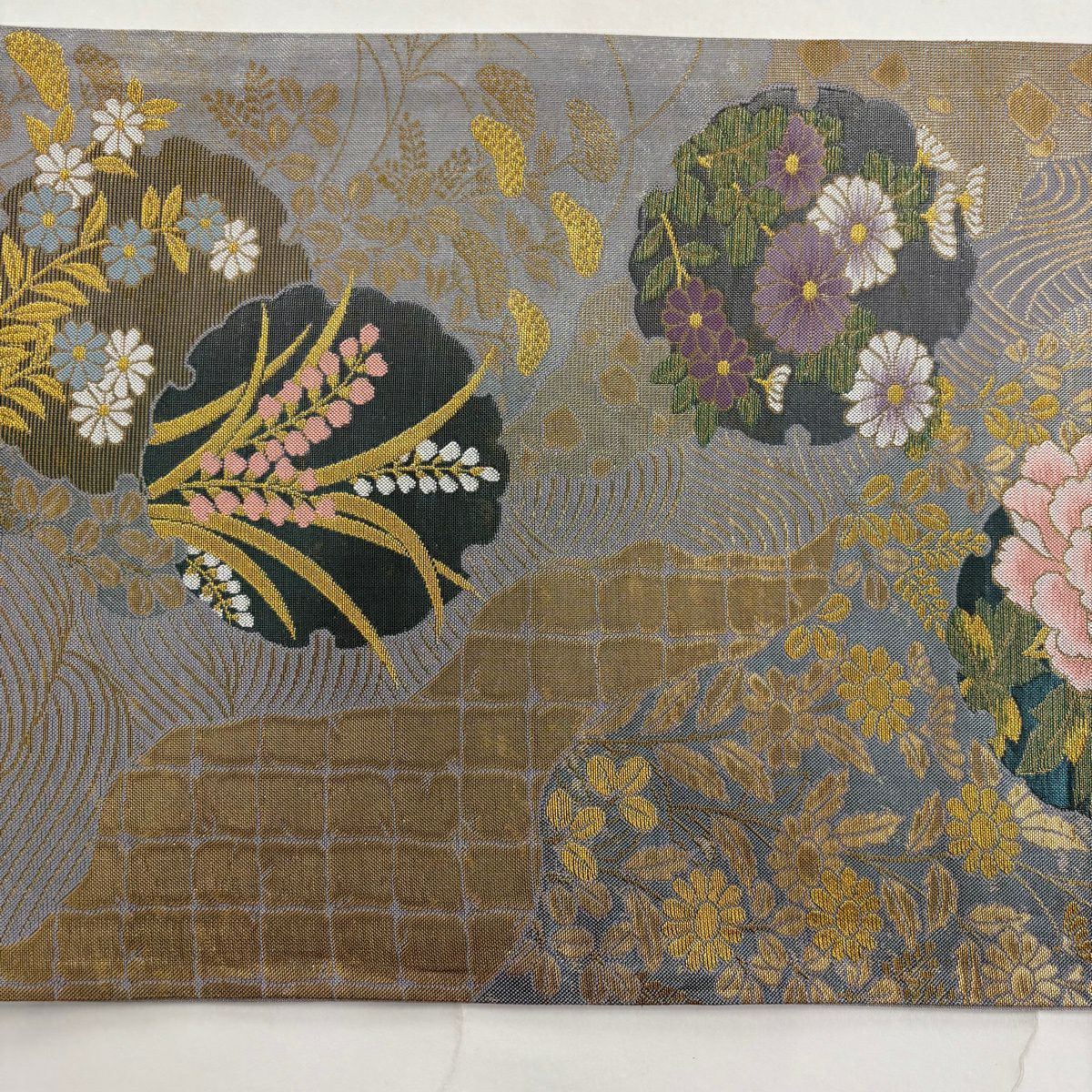 【美品】 袋帶 秀品級 草花紋 雪輪 金糸 金金箔 青灰 深藍色 六通 純蠶絲
