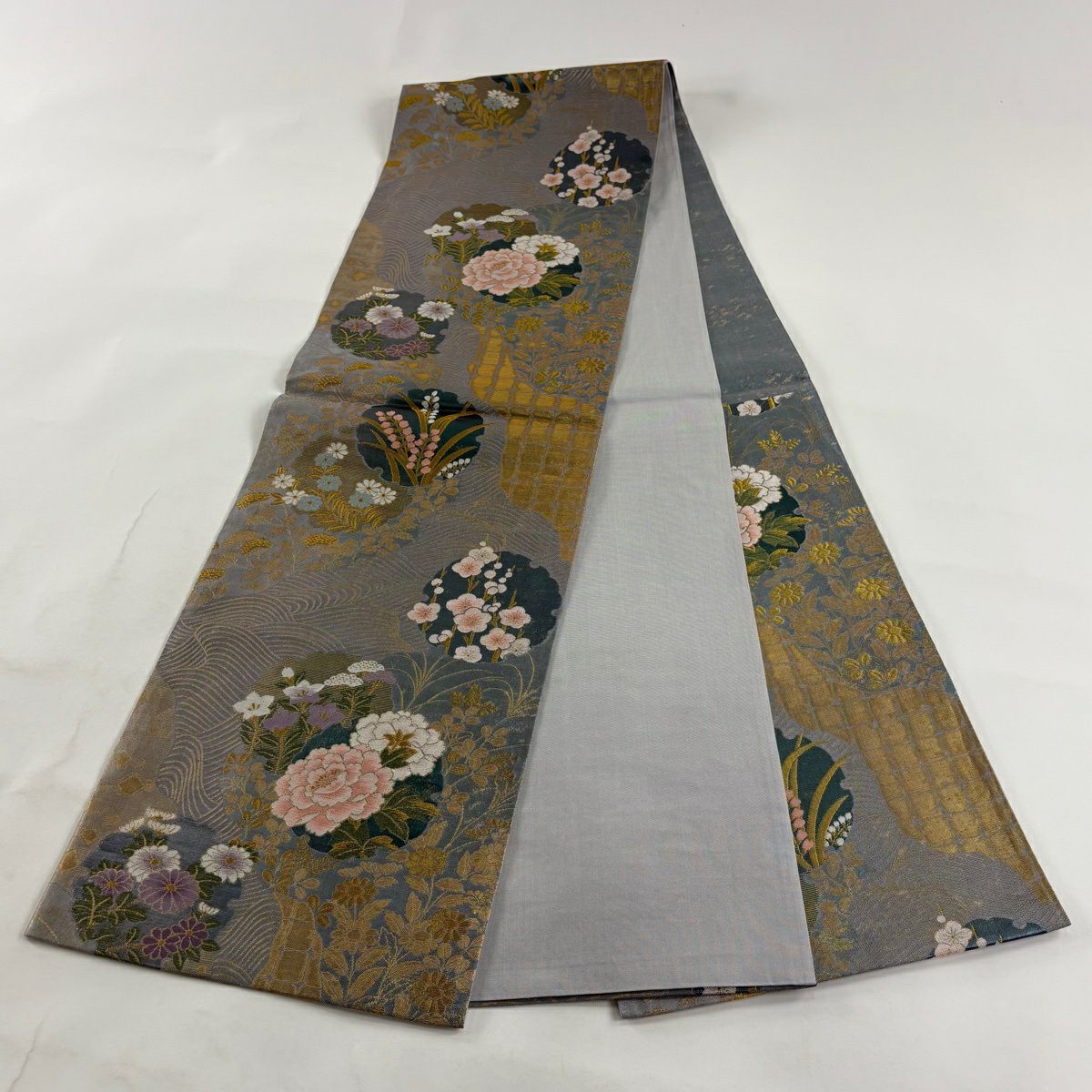 【美品】 袋帶 秀品級 草花紋 雪輪 金糸 金金箔 青灰 深藍色 六通 純蠶絲