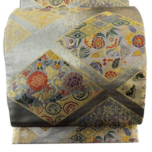 袋帶 秀品級 花唐草紋 花鳥 金絲 刺繡 茶綠 六通 純蠶絲