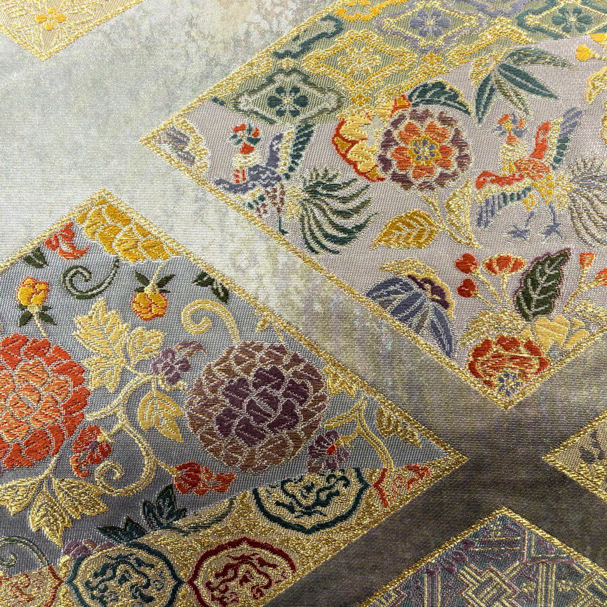 袋帶 秀品級 花唐草紋 花鳥 金絲 刺繡 茶綠 六通 純蠶絲