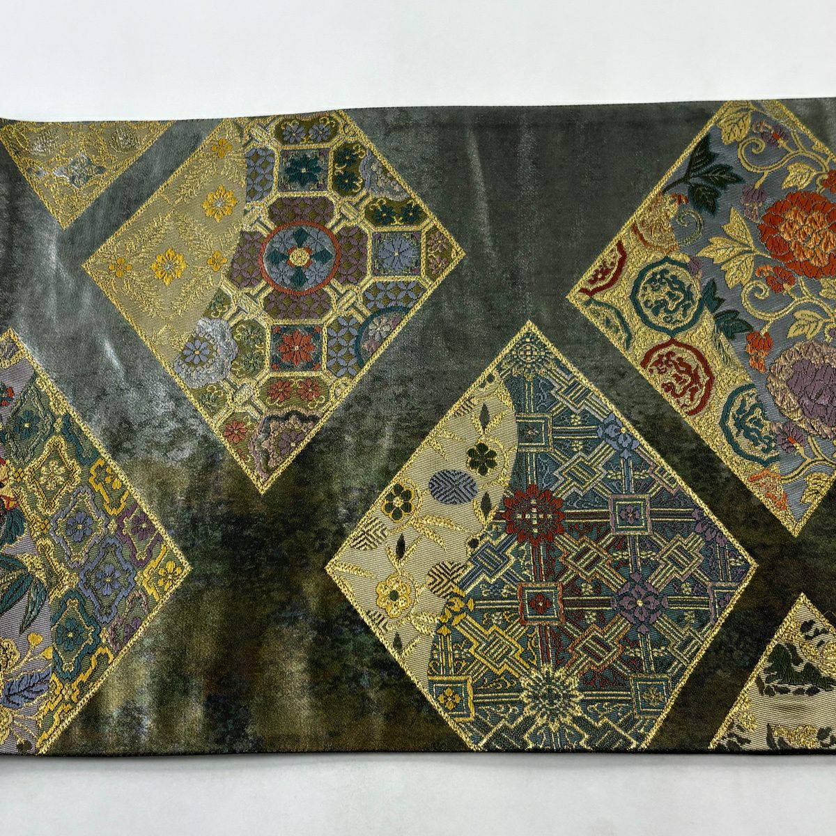 袋帶 秀品級 花唐草紋 花鳥 金絲 刺繡 茶綠 六通 純蠶絲