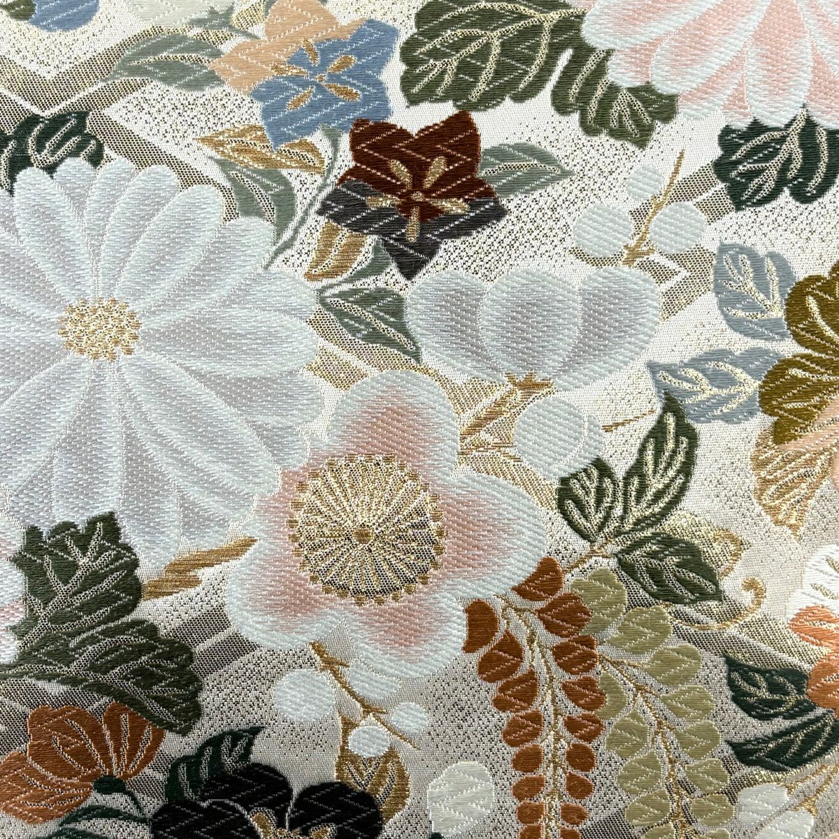 袋帶 秀品級 菊花 枝梅花 金金箔 金絲 粉米色 六通 純蠶絲