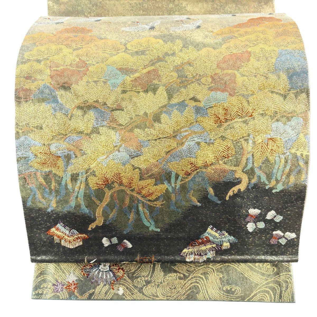 【美品】 袋帶 秀品級 茶屋辻松樹浜紋 仙鶴 金銀彩 金茶 お太鼓柄 純蠶絲