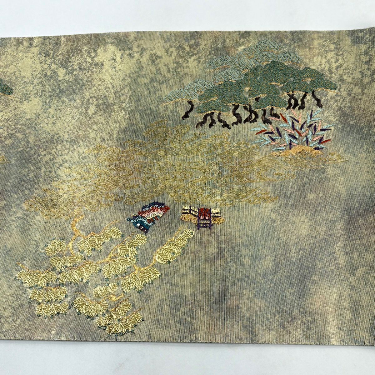 【美品】 袋帶 秀品級 茶屋辻松樹浜紋 仙鶴 金銀彩 金茶 お太鼓柄 純蠶絲