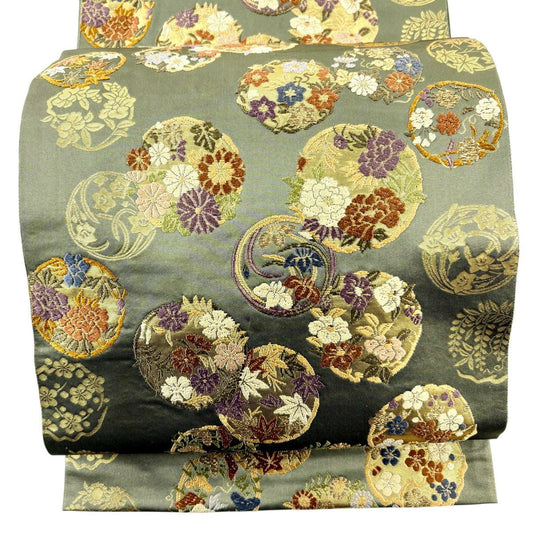 袋帶 秀品級 服部織物 落款 青青庵 花丸紋 刺繡 金金箔 鶯 綠 六通 純蠶絲