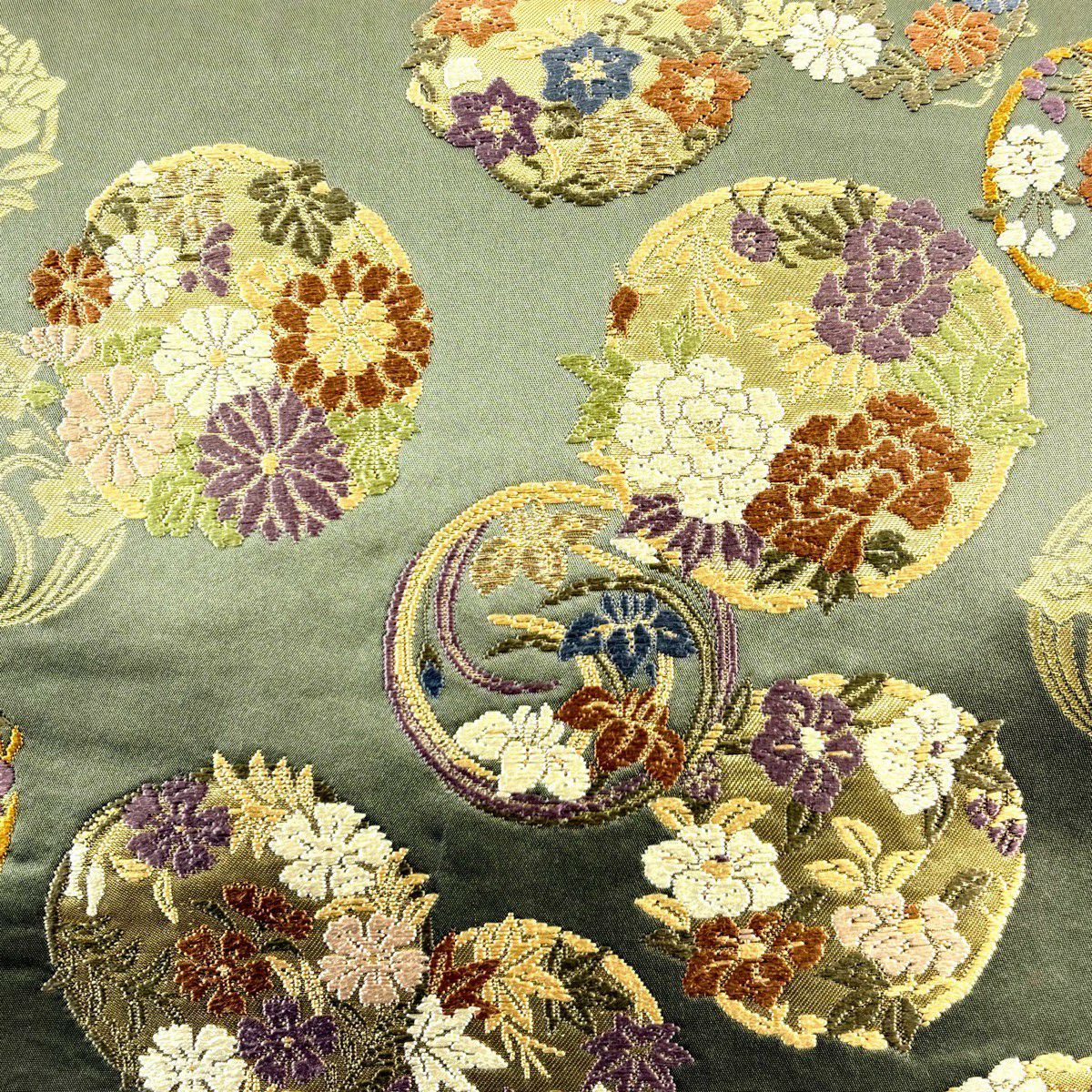 袋帶 秀品級 服部織物 落款 青青庵 花丸紋 刺繡 金金箔 鶯 綠 六通 純蠶絲