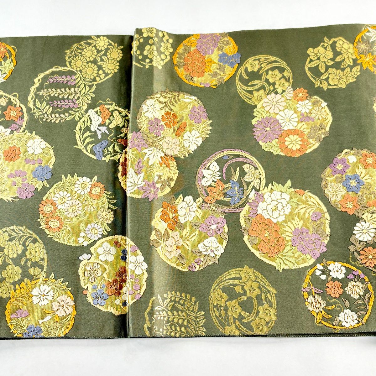 袋帶 秀品級 服部織物 落款 青青庵 花丸紋 刺繡 金金箔 鶯 綠 六通 純蠶絲