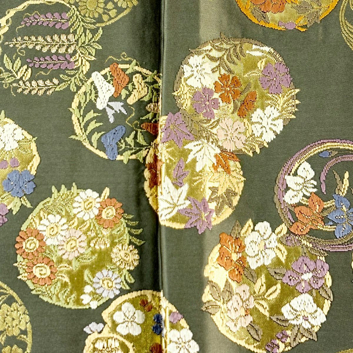 袋帶 秀品級 服部織物 落款 青青庵 花丸紋 刺繡 金金箔 鶯 綠 六通 純蠶絲