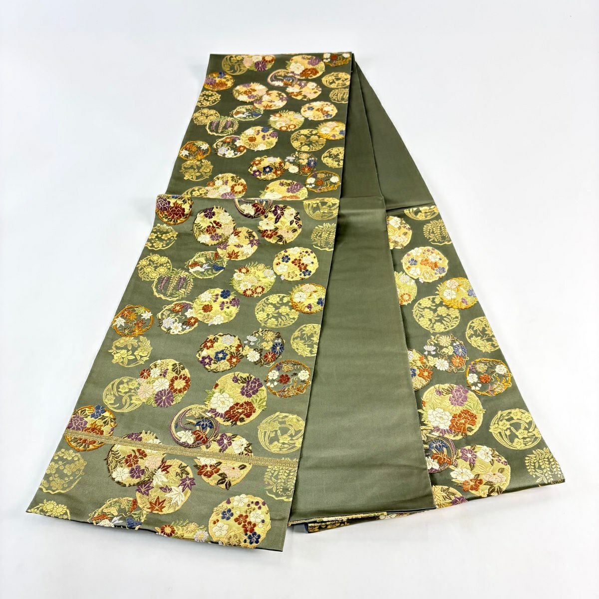 袋帶 秀品級 服部織物 落款 青青庵 花丸紋 刺繡 金金箔 鶯 綠 六通 純蠶絲