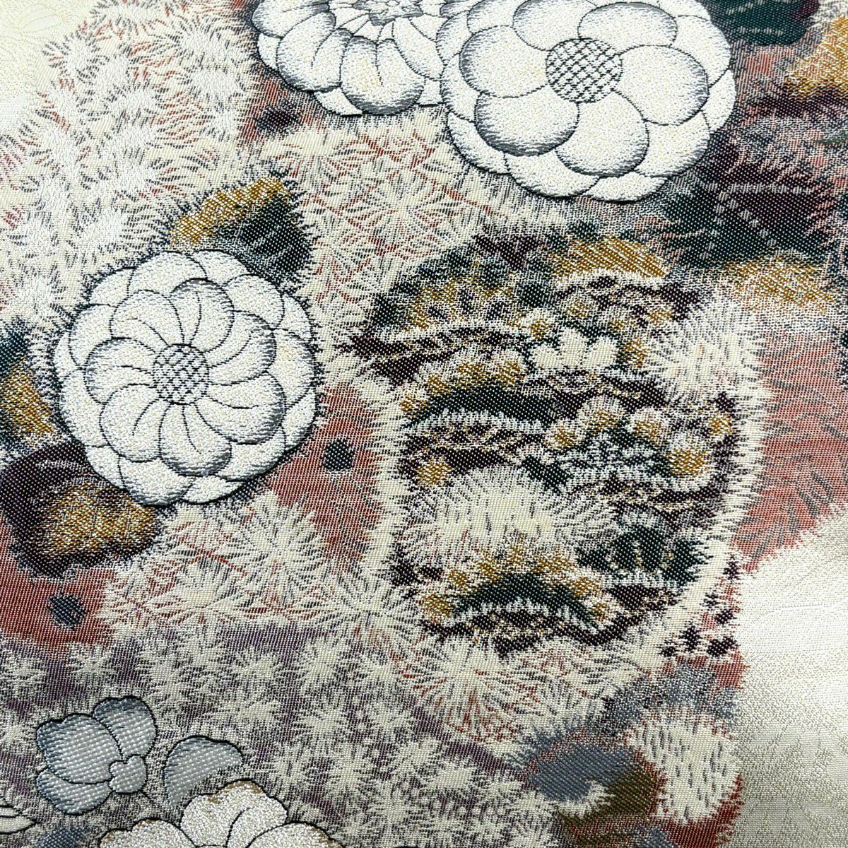 袋帶 秀品級 草花紋紋 笠松樹 金金箔 奶油色 六通 純蠶絲