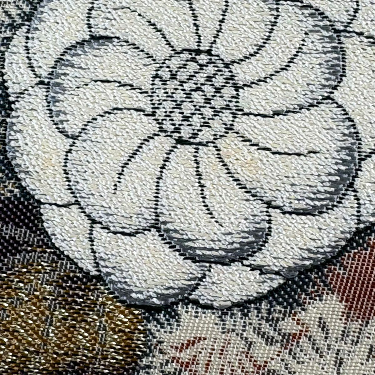 袋帶 秀品級 草花紋紋 笠松樹 金金箔 奶油色 六通 純蠶絲