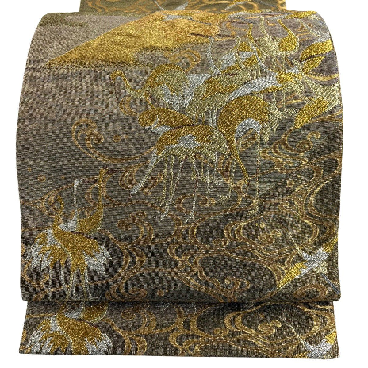 袋帶 秀品級 大和 仙鶴 富士山 金絲 金金箔 金色 大鼓圖案 純蠶絲