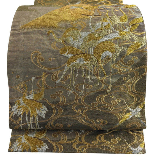 袋帶 秀品級 大和 仙鶴 富士山 金絲 金金箔 金色 大鼓圖案 純蠶絲
