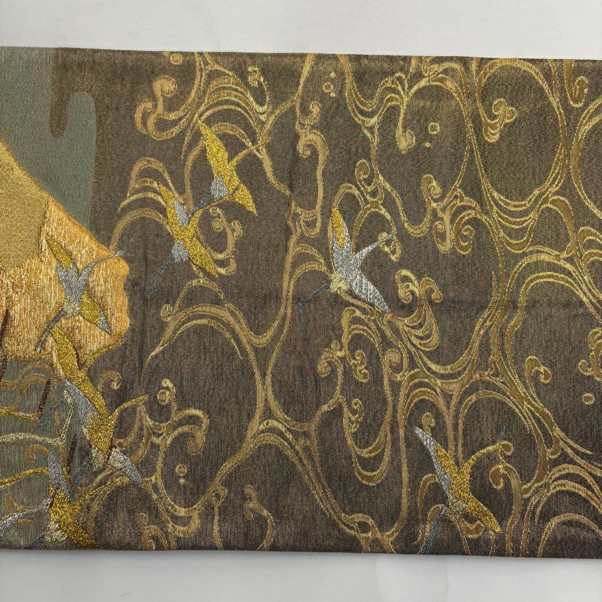 袋帶 秀品級 大和 仙鶴 富士山 金絲 金金箔 金色 大鼓圖案 純蠶絲