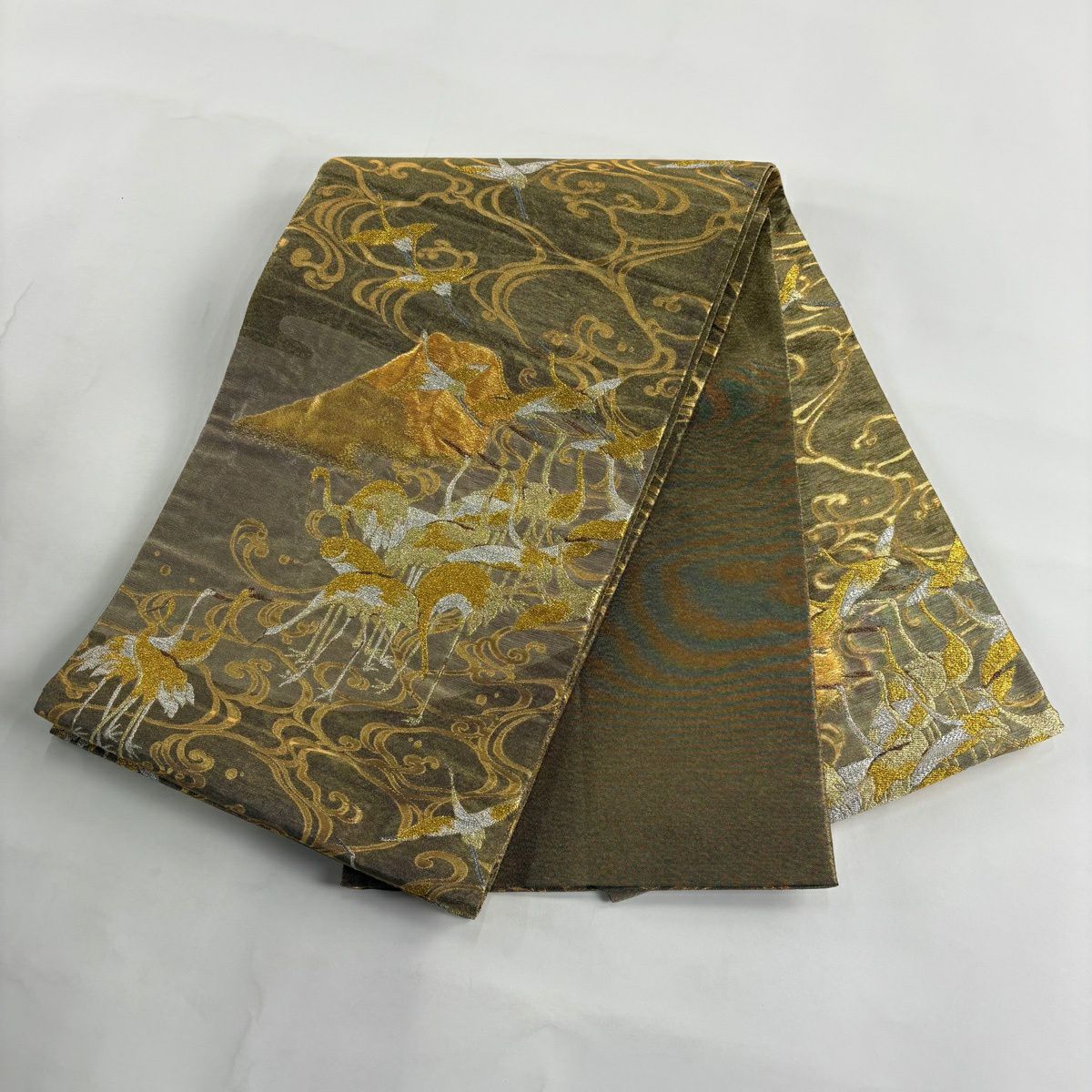 袋帶 秀品級 大和 仙鶴 富士山 金絲 金金箔 金色 大鼓圖案 純蠶絲