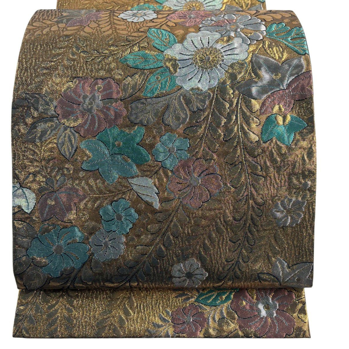 【美品】 袋帶 優品級 辻花染圖案 金金箔 銀線 金 六通 純蠶絲