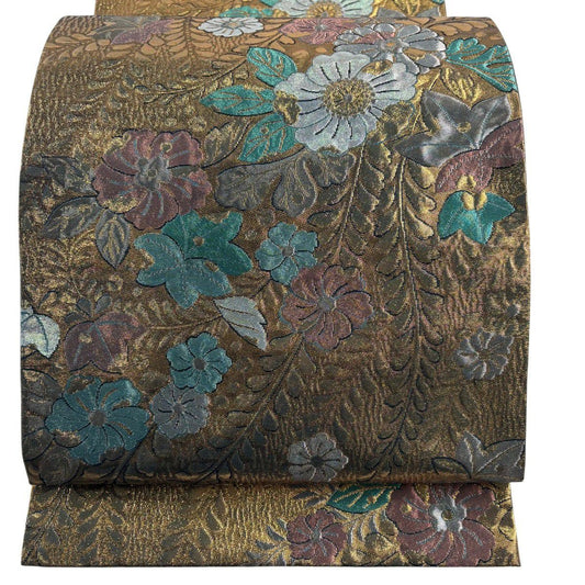 【美品】 袋帶 優品級 辻花染圖案 金金箔 銀線 金 六通 純蠶絲