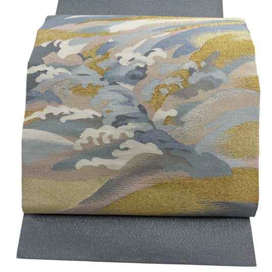 【美品】 名古屋帶 秀品級 八寸名古屋帶 松樹葉仕立 雲波 金絲 灰色 純蠶絲