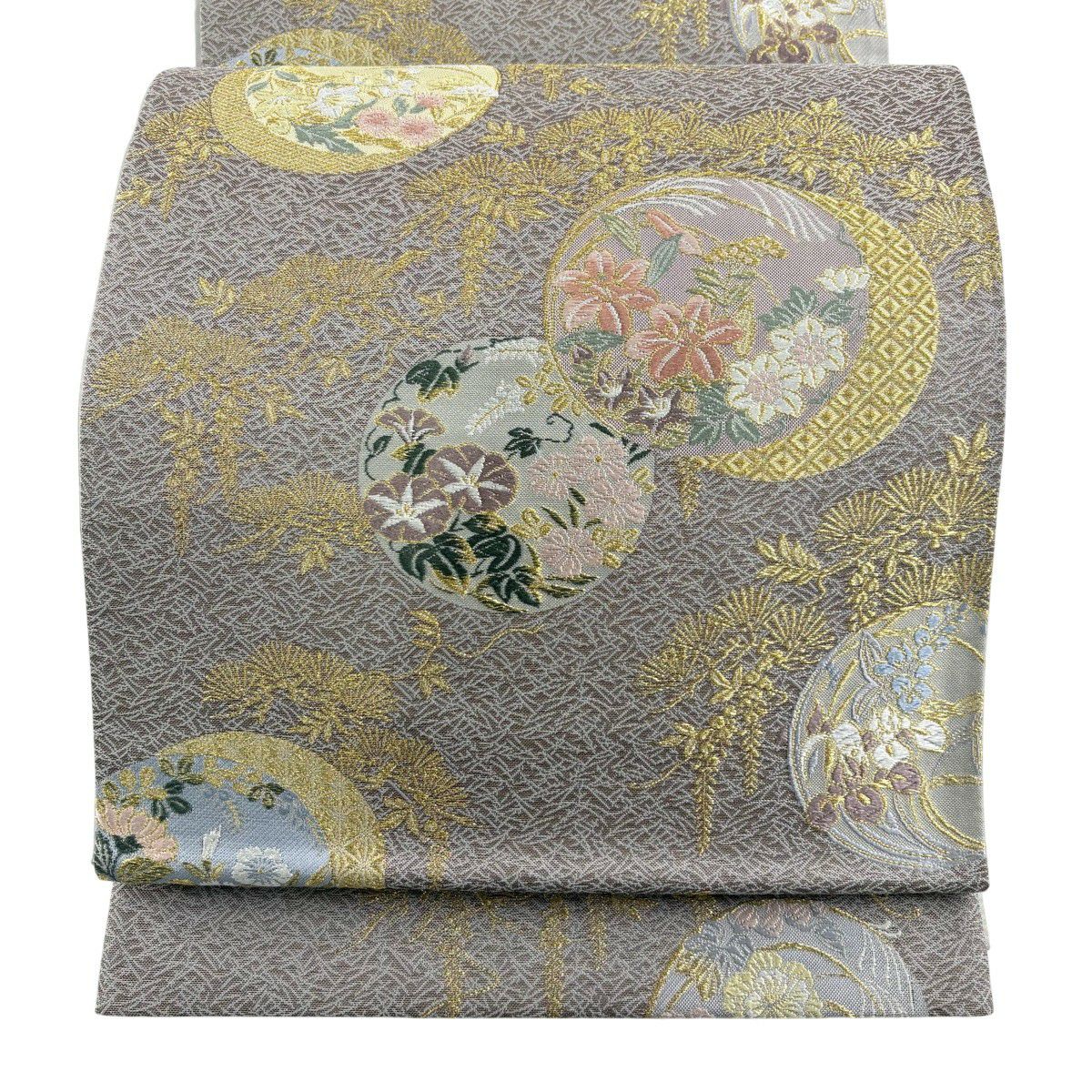 【美品】 袋帶 秀品級 草花紋紋 松樹葉 金糸 灰紫 六通 純蠶絲