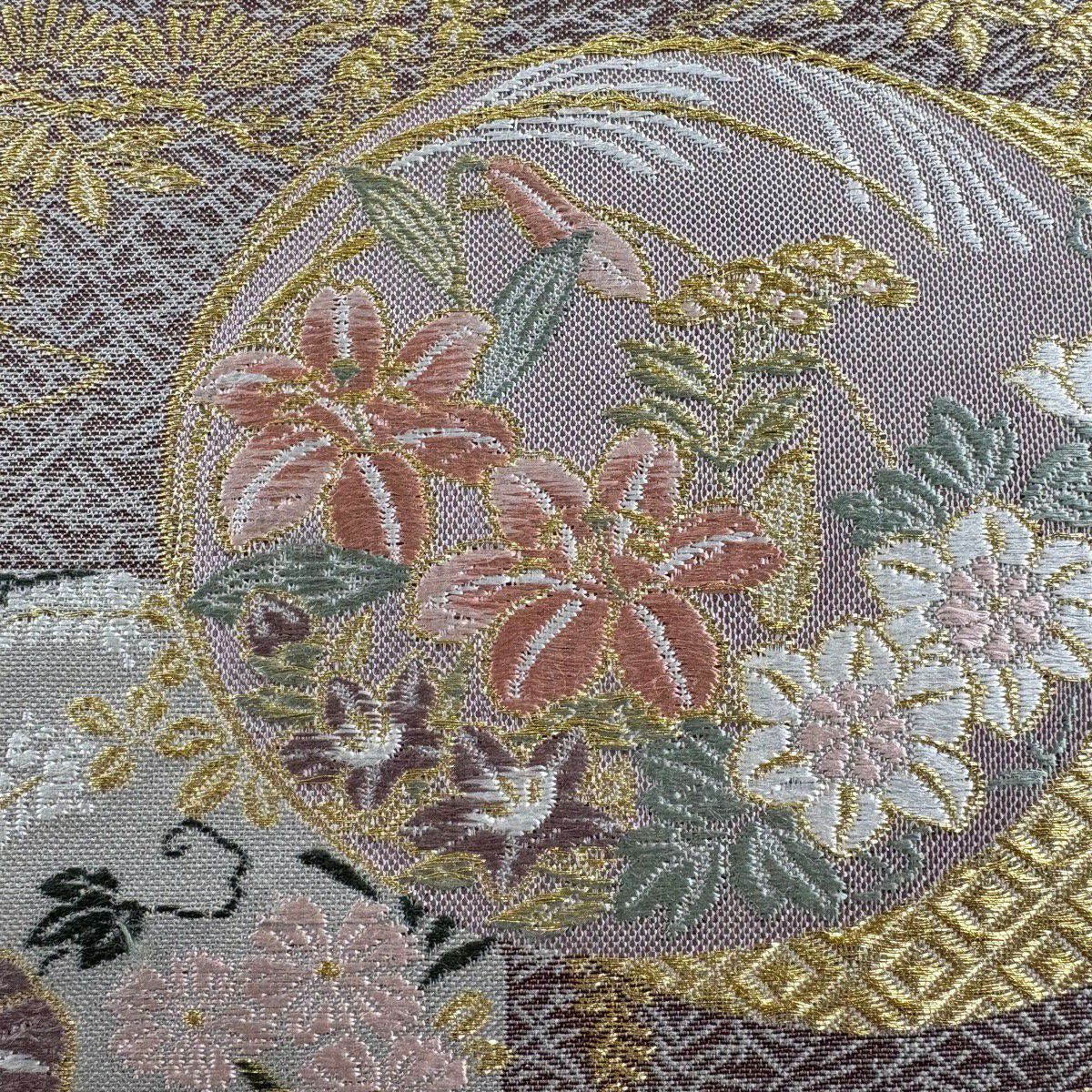 【美品】 袋帶 秀品級 草花紋紋 松樹葉 金糸 灰紫 六通 純蠶絲