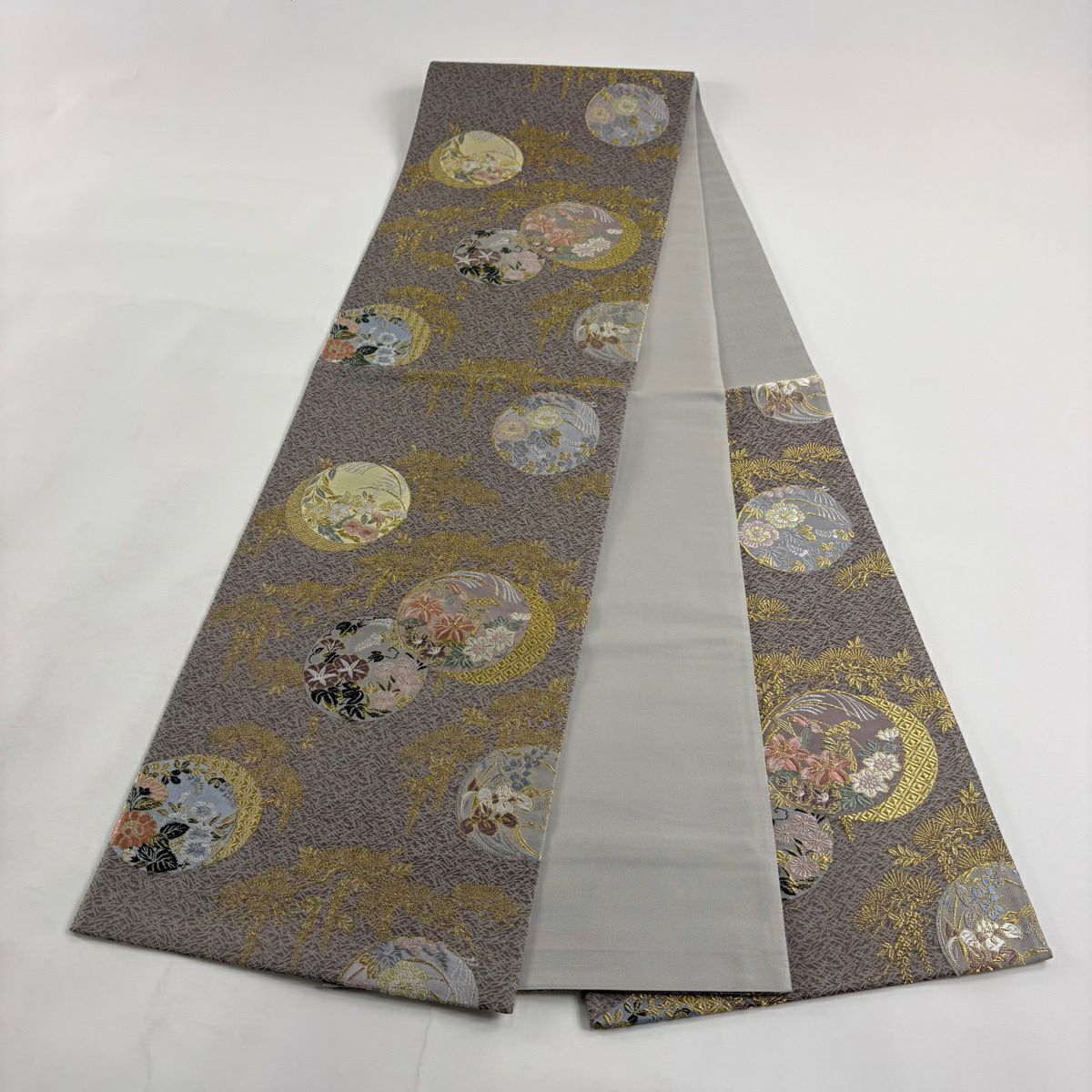 【美品】 袋帶 秀品級 草花紋紋 松樹葉 金糸 灰紫 六通 純蠶絲