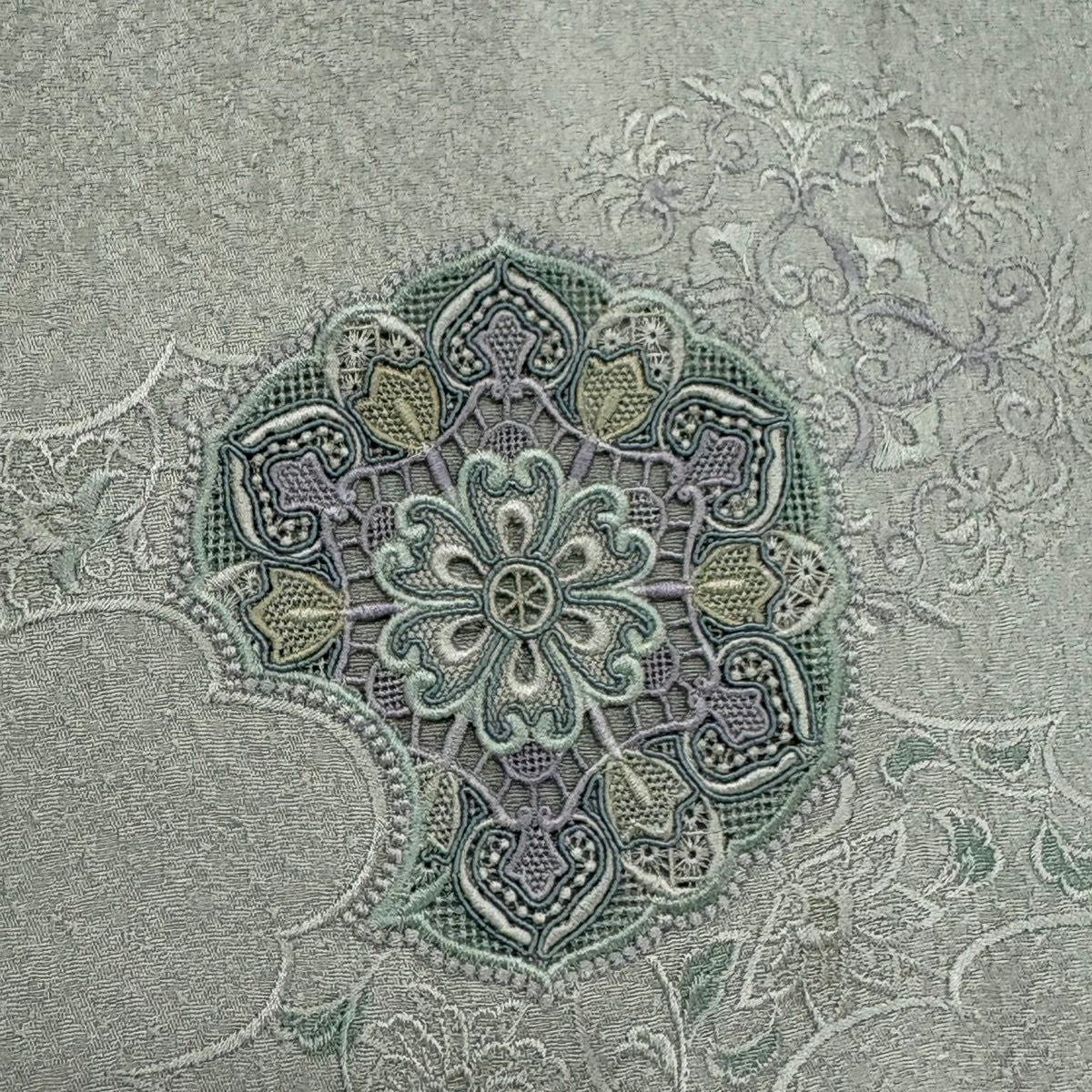 【美品】 付下 身長157cm 袖長63cm S 雙層 華紋 草花紋紋 刺繡 灰綠 純蠶絲 秀品級 一つ紋