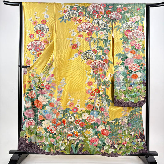 振袖禮服 身長157.5cm 袖長64cm M 雙層 牡丹 菊花 金絲 刺繡 黃色 純蠶絲 秀品級