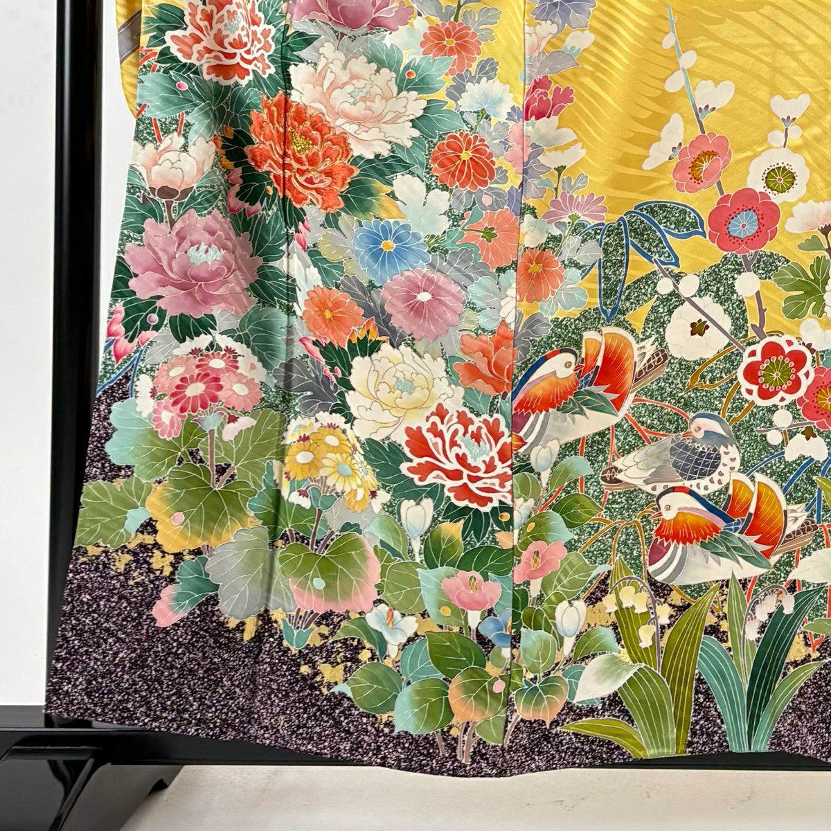 振袖禮服 身長157.5cm 袖長64cm M 雙層 牡丹 菊花 金絲 刺繡 黃色 純蠶絲 秀品級