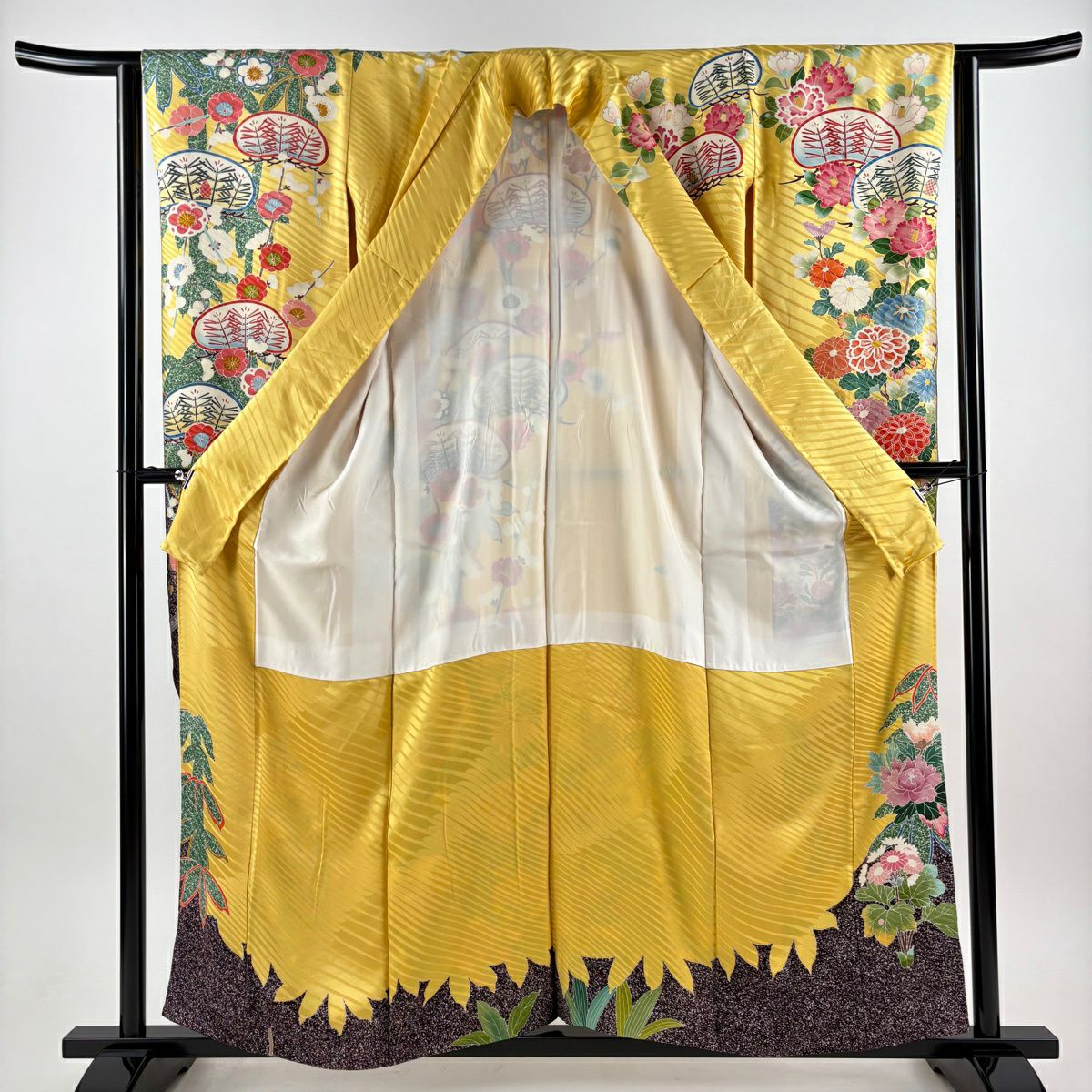 振袖禮服 身長157.5cm 袖長64cm M 雙層 牡丹 菊花 金絲 刺繡 黃色 純蠶絲 秀品級