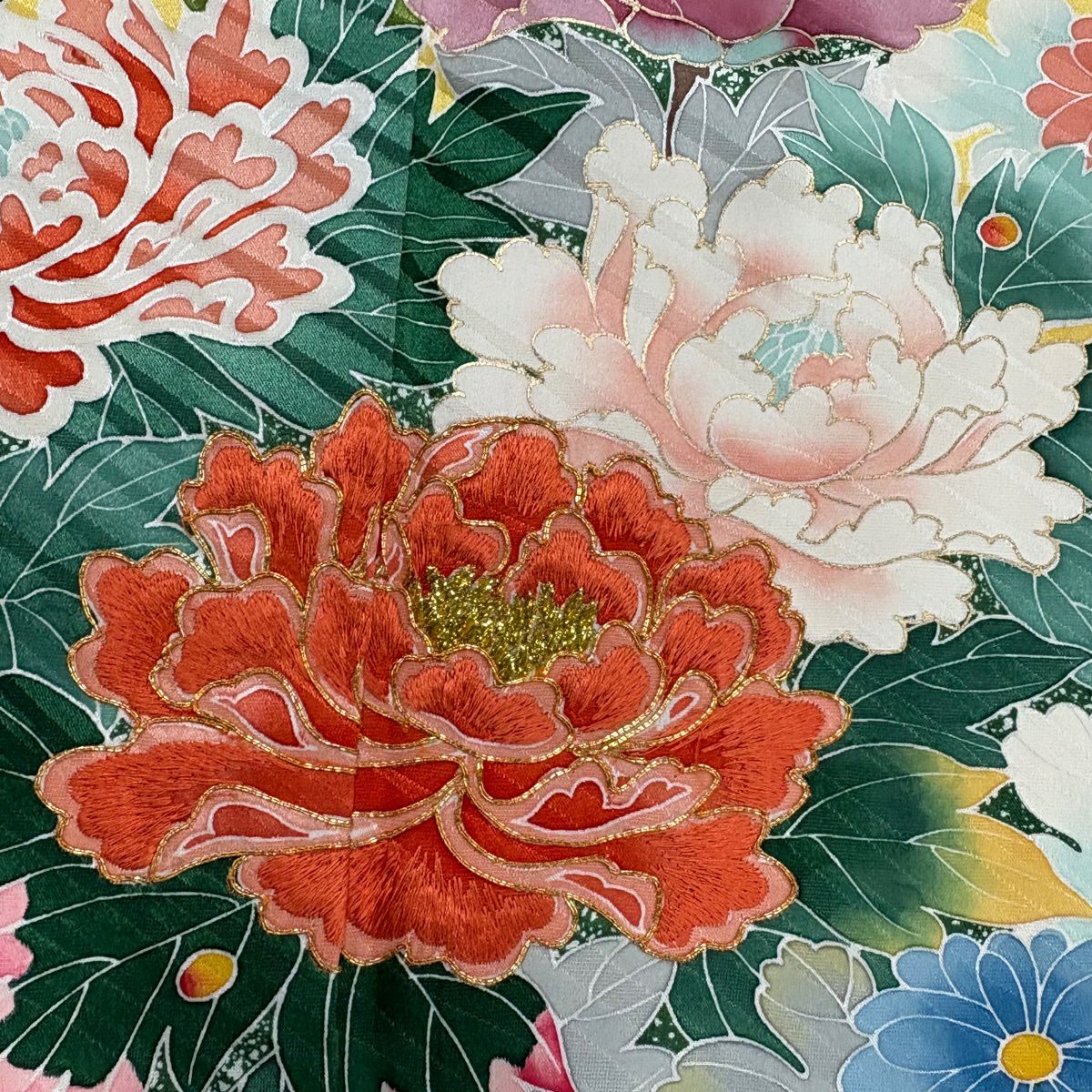 振袖禮服 身長157.5cm 袖長64cm M 雙層 牡丹 菊花 金絲 刺繡 黃色 純蠶絲 秀品級