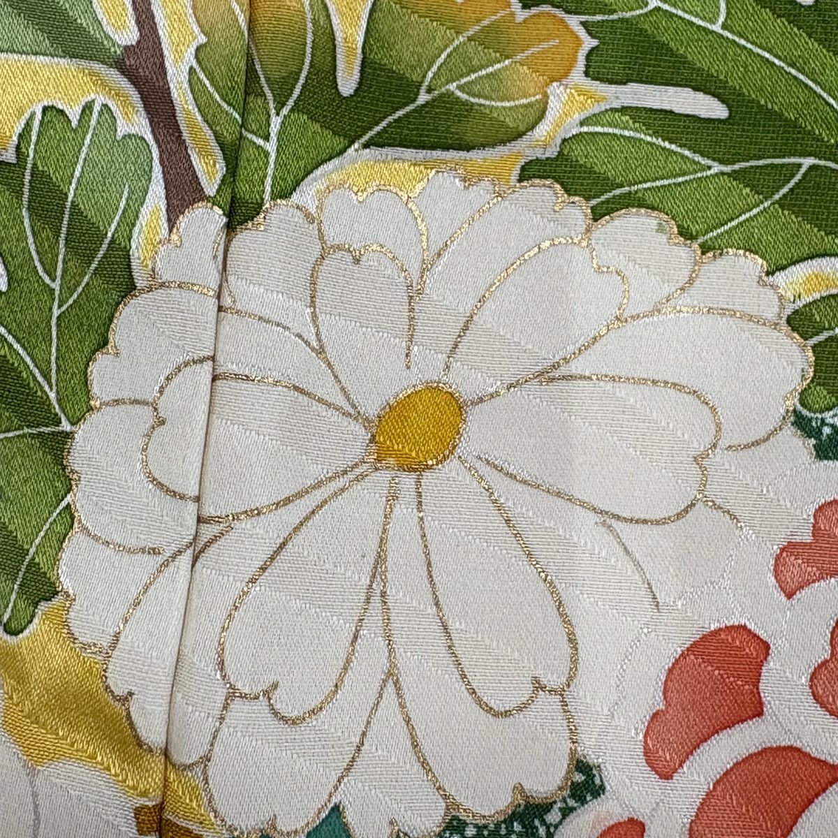 振袖禮服 身長157.5cm 袖長64cm M 雙層 牡丹 菊花 金絲 刺繡 黃色 純蠶絲 秀品級