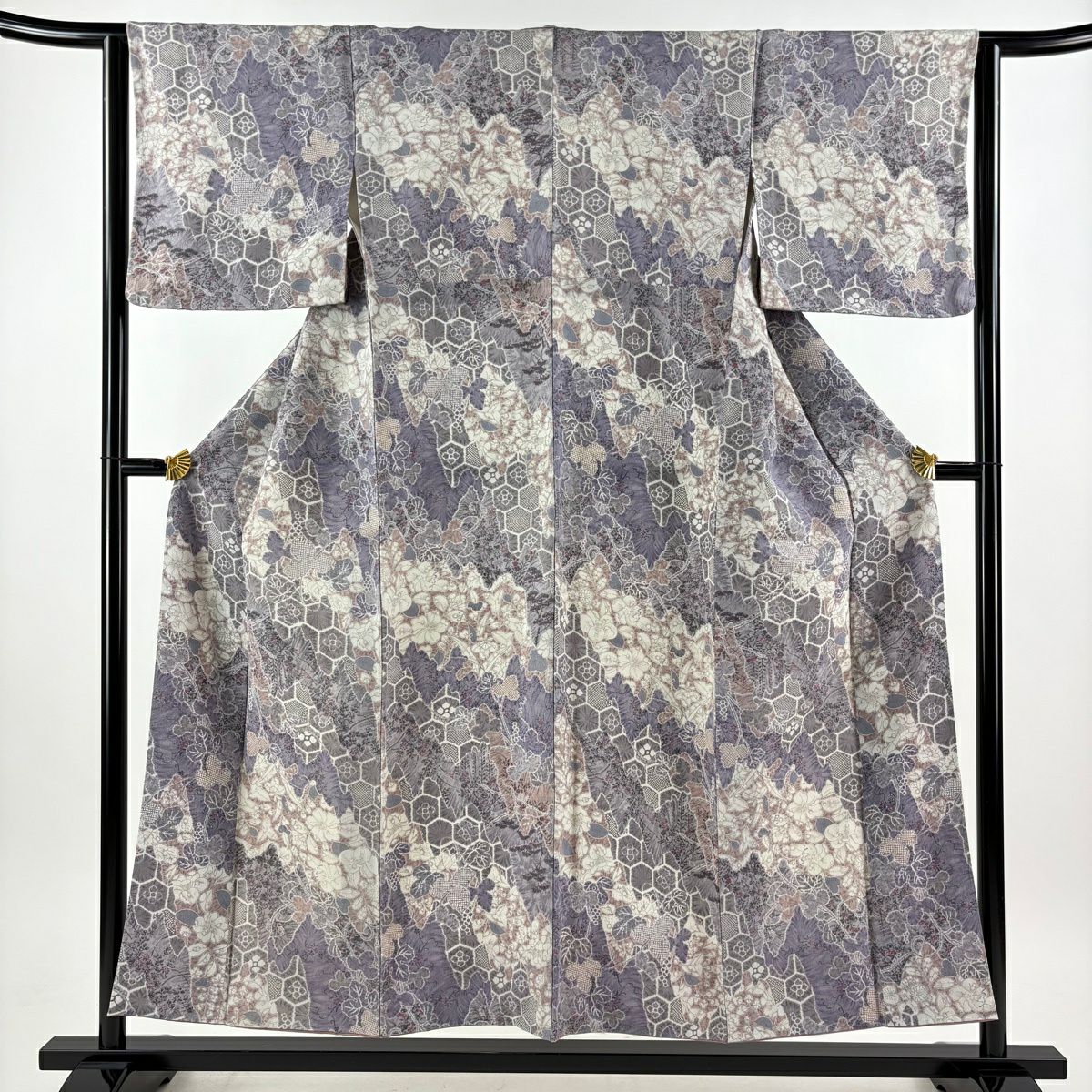 【美品】 小紋 身長151.5cm 袖長64.5cm M 雙層 草花紋紋 龜甲 灰紫 純蠶絲 秀品級