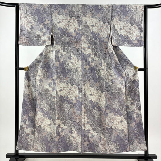 【美品】 小紋 身長151.5cm 袖長64.5cm M 雙層 草花紋紋 龜甲 灰紫 純蠶絲 秀品級