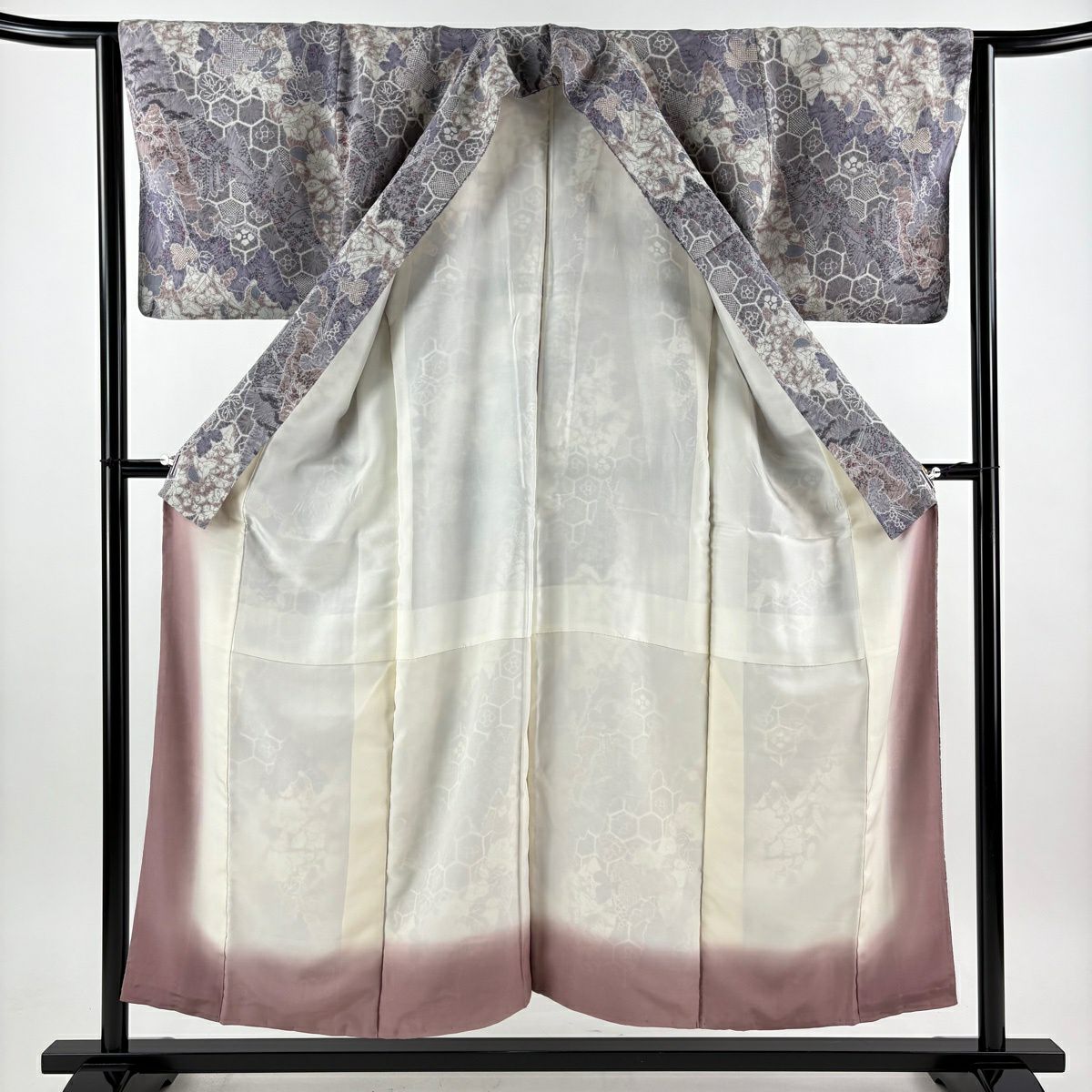 【美品】 小紋 身長151.5cm 袖長64.5cm M 雙層 草花紋紋 龜甲 灰紫 純蠶絲 秀品級
