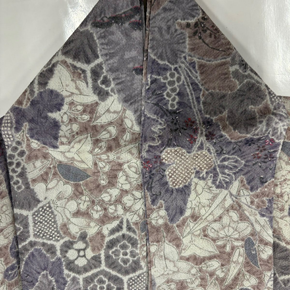 【美品】 小紋 身長151.5cm 袖長64.5cm M 雙層 草花紋紋 龜甲 灰紫 純蠶絲 秀品級