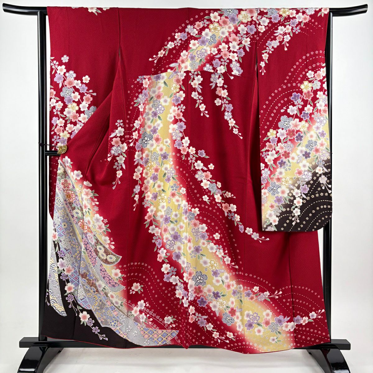 【美品】振袖禮服 身長158cm 袖長64cm M 雙層 櫻花 熨斗紋 金絲 金銀彩 紅 純蠶絲 秀品級