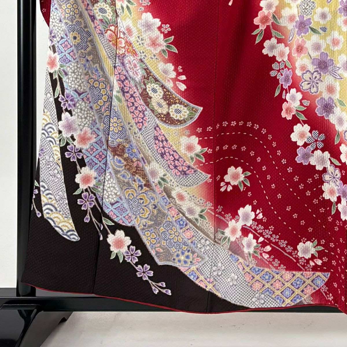 【美品】振袖禮服 身長158cm 袖長64cm M 雙層 櫻花 熨斗紋 金絲 金銀彩 紅 純蠶絲 秀品級