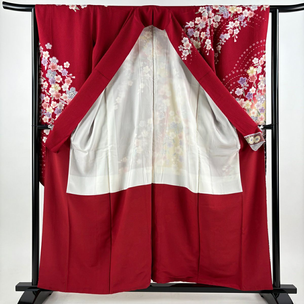 【美品】振袖禮服 身長158cm 袖長64cm M 雙層 櫻花 熨斗紋 金絲 金銀彩 紅 純蠶絲 秀品級