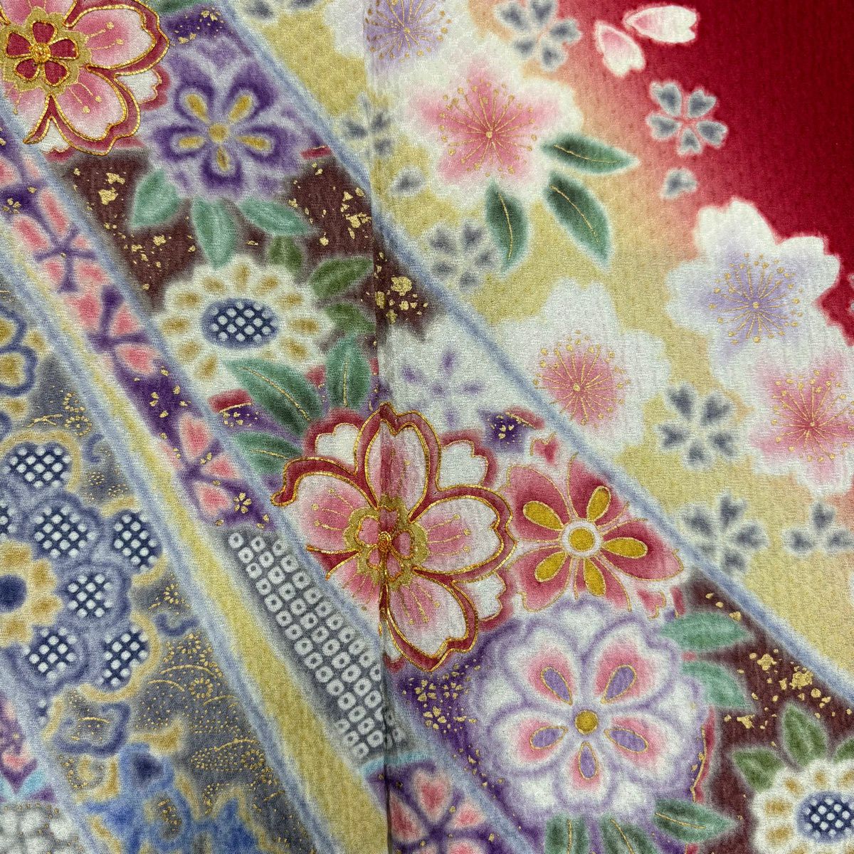 【美品】振袖禮服 身長158cm 袖長64cm M 雙層 櫻花 熨斗紋 金絲 金銀彩 紅 純蠶絲 秀品級