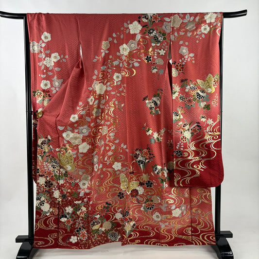 振袖禮服 身長164cm 袖長66cm M 雙層 蝶 菊花 金絲 金銀彩 粉紅 純蠶絲 秀品級