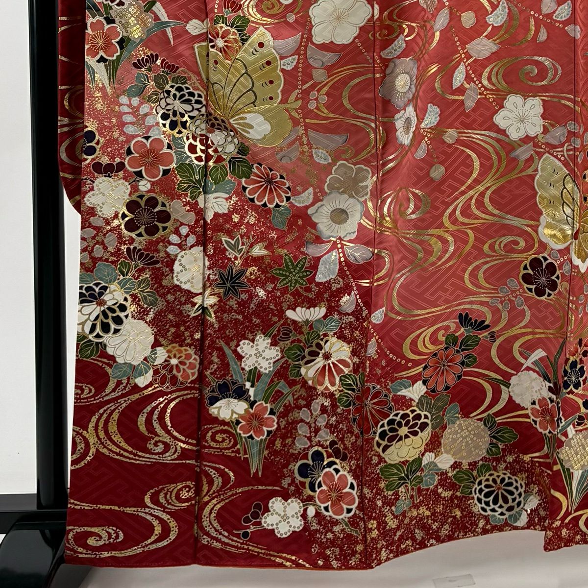 振袖禮服 身長164cm 袖長66cm M 雙層 蝶 菊花 金絲 金銀彩 粉紅 純蠶絲 秀品級