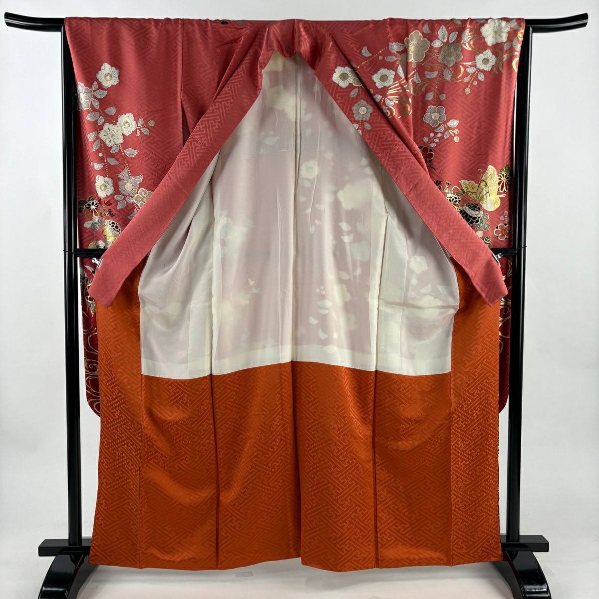 振袖禮服 身長164cm 袖長66cm M 雙層 蝶 菊花 金絲 金銀彩 粉紅 純蠶絲 秀品級